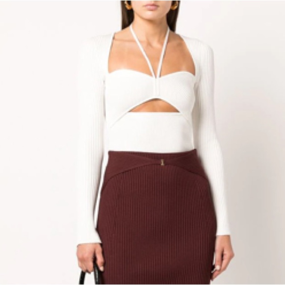 NWT Jonathan Simkhai Alexia Ribbed Long-Sleeve Self-Tie Halter Top